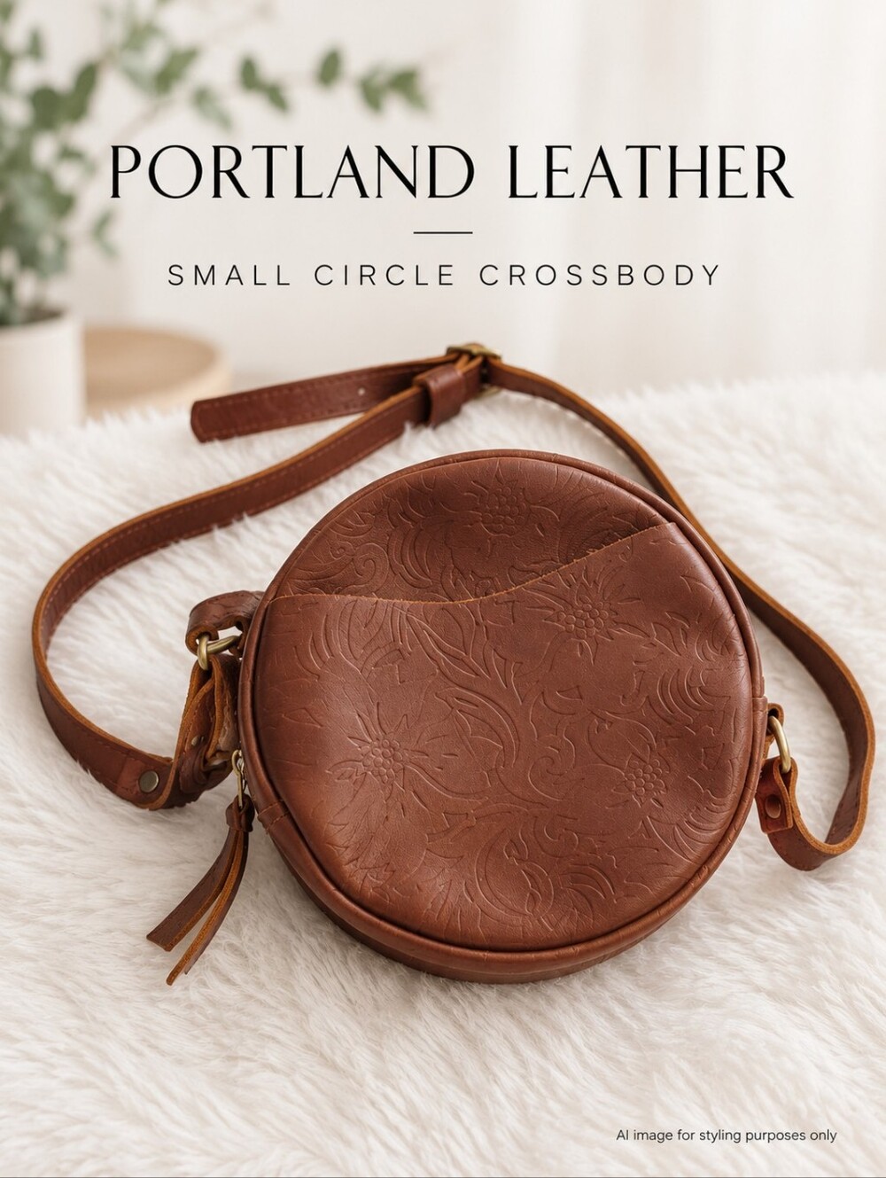 Portland Leather Goods Small Circle Crossbody Brown Floral Embossed Bag